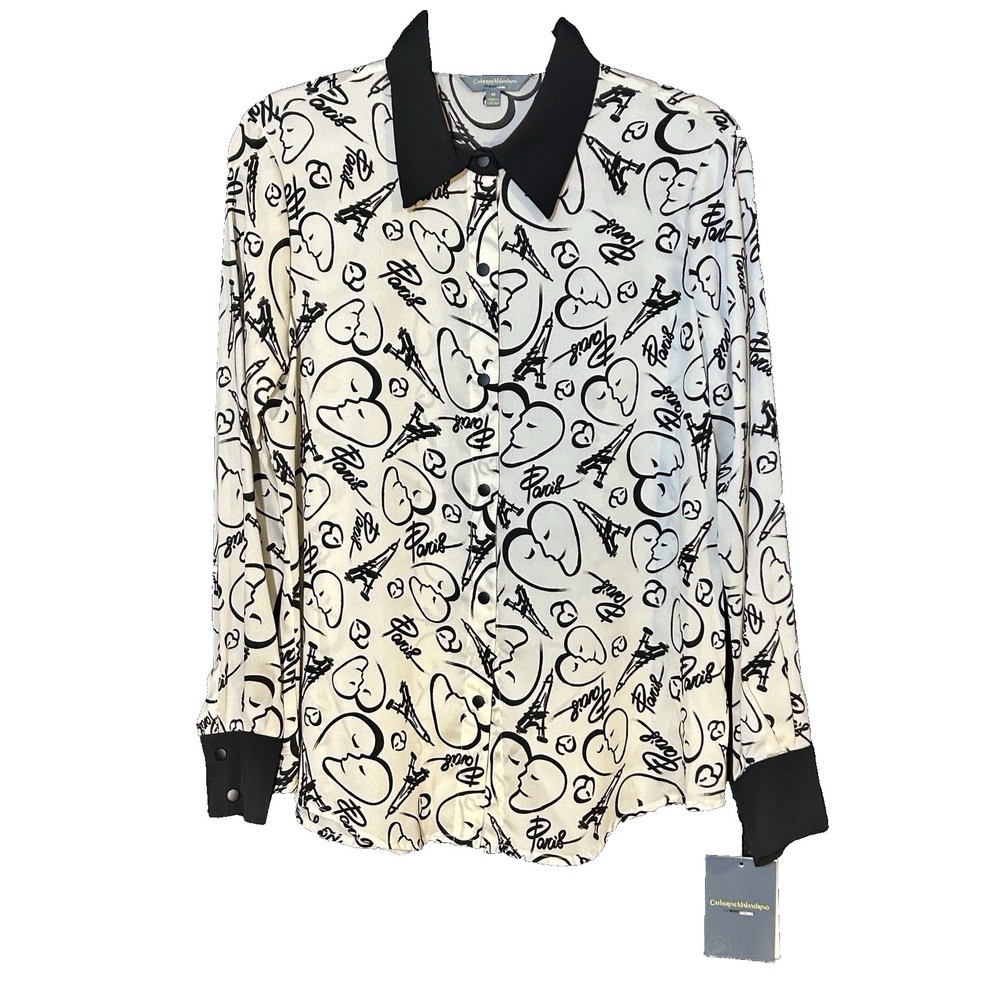 NWT Catherine Malandrino Paris Graphic Black & Cream Parisian Print Blouse Sz M